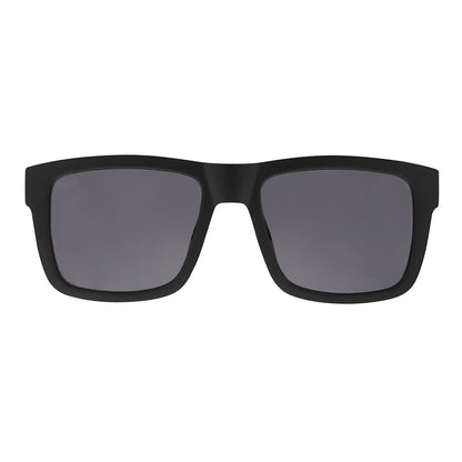 Black sunglasses with dark lenses on a white background