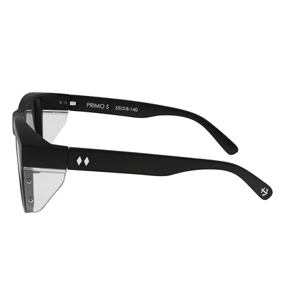 Black sunglasses with reflective lenses on a white background