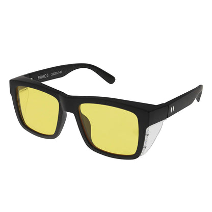 Black sunglasses with yellow lenses on a white background
