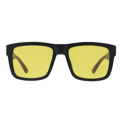 Sunglasses with yellow lenses and black frame on a white background