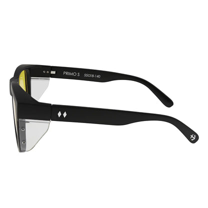Black sunglasses with clear lenses on a white background