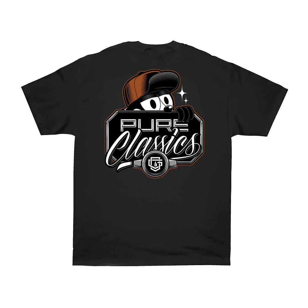 Black t-shirt with 'Pure Classics' logo on a white background