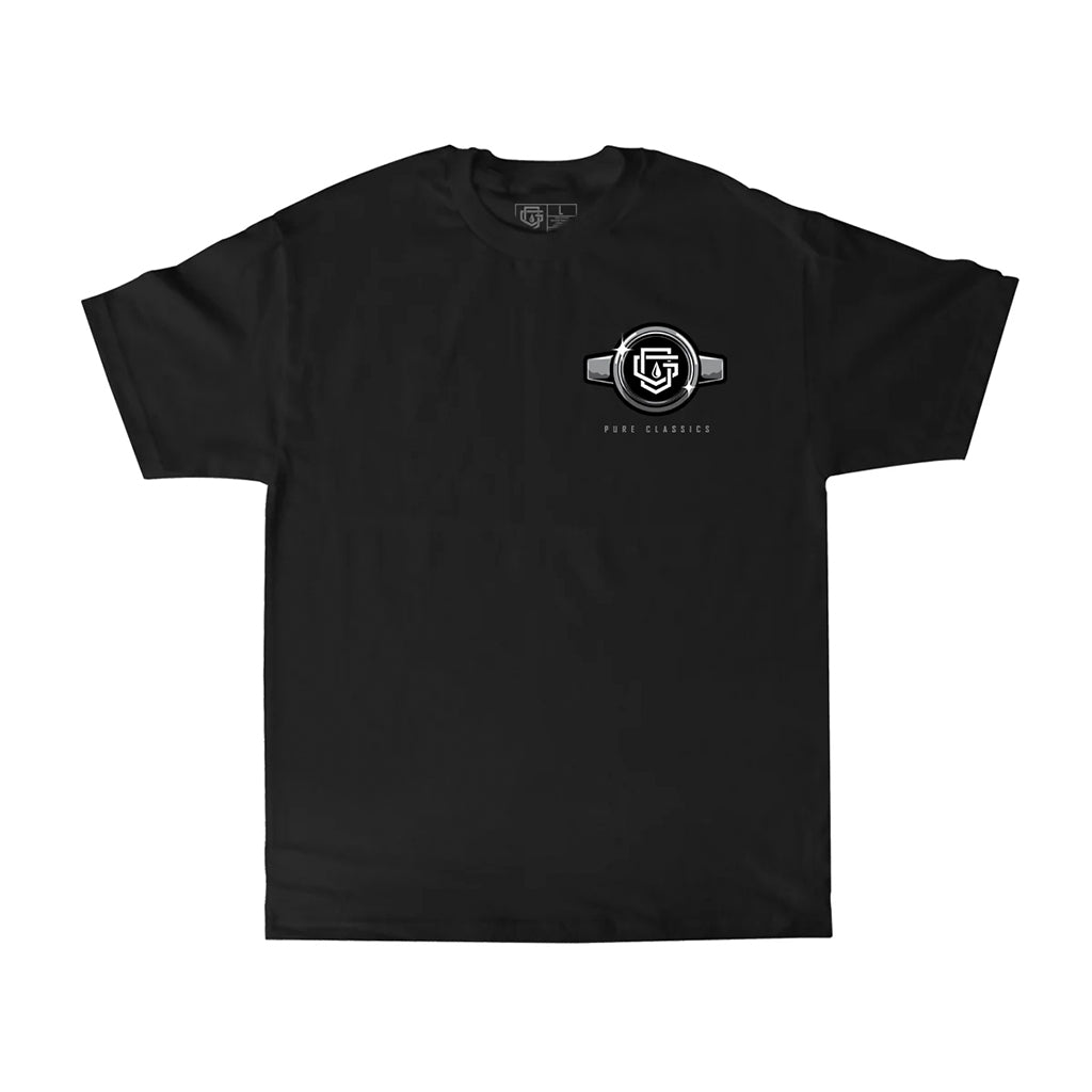 Black t-shirt with a logo on the chest against a white background