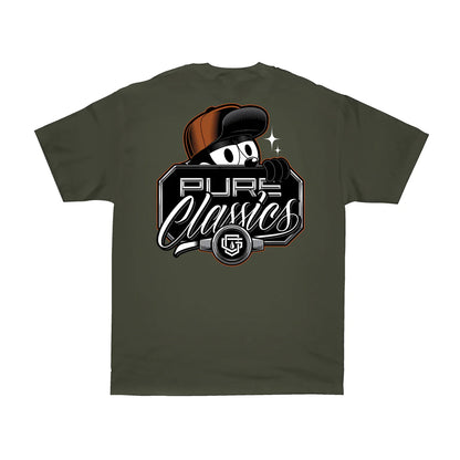 Green t-shirt with 'Pure Classics' logo on a white background