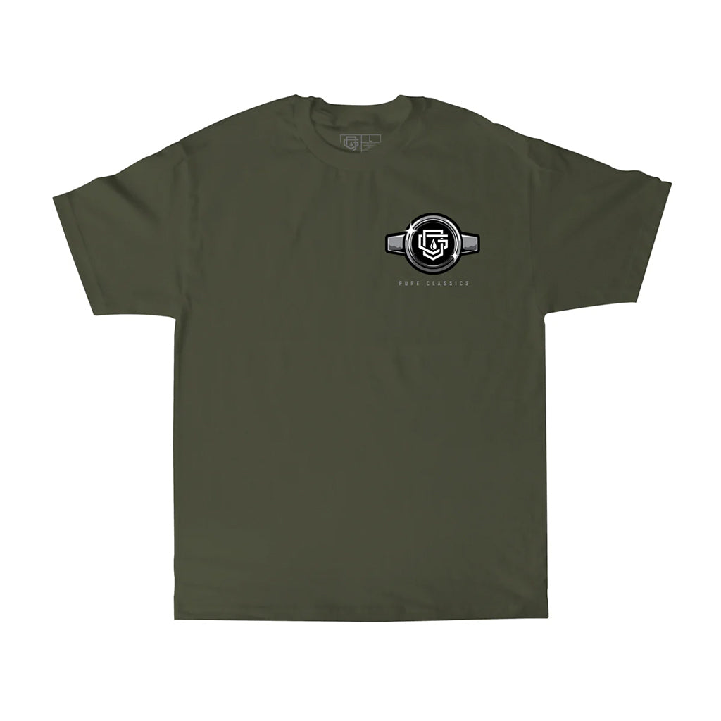 Green t-shirt with a logo on the chest against a white background