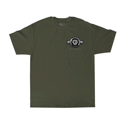 Green t-shirt with a logo on the chest against a white background