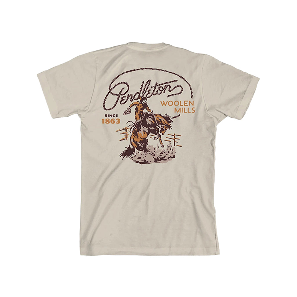 Beige t-shirt with a graphic of a horse and rider, and 'Pendleton Woolen Mills' text on a white background.