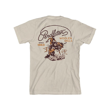Beige t-shirt with a graphic of a horse and rider, and 'Pendleton Woolen Mills' text on a white background.
