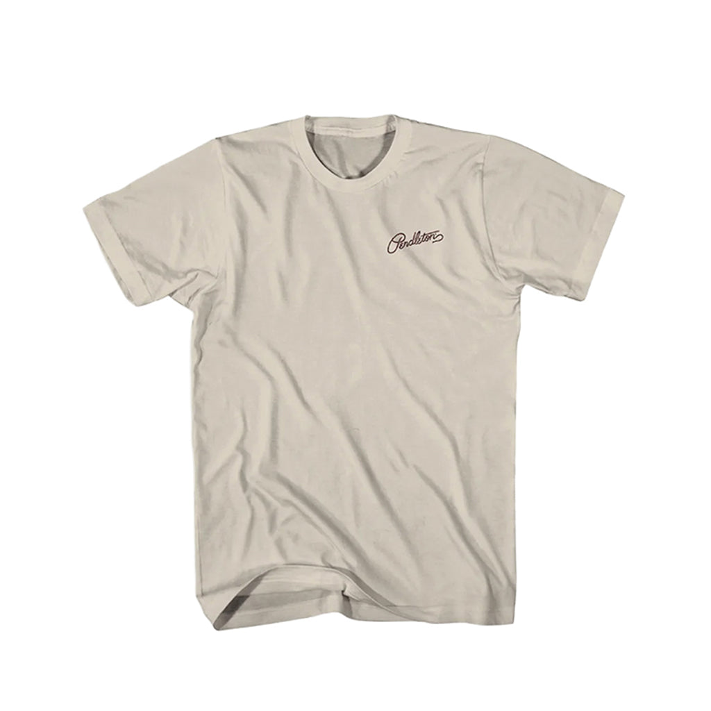 Beige t-shirt with a logo on the chest against a white background
