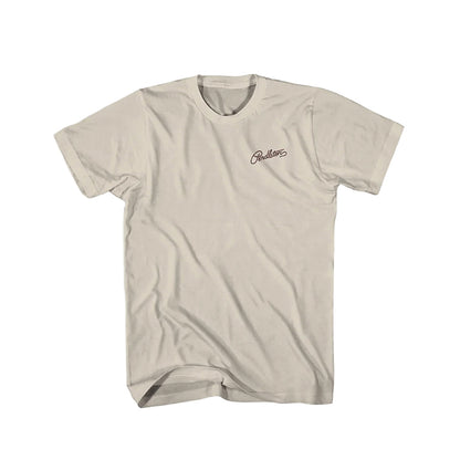 Beige t-shirt with a logo on the chest against a white background