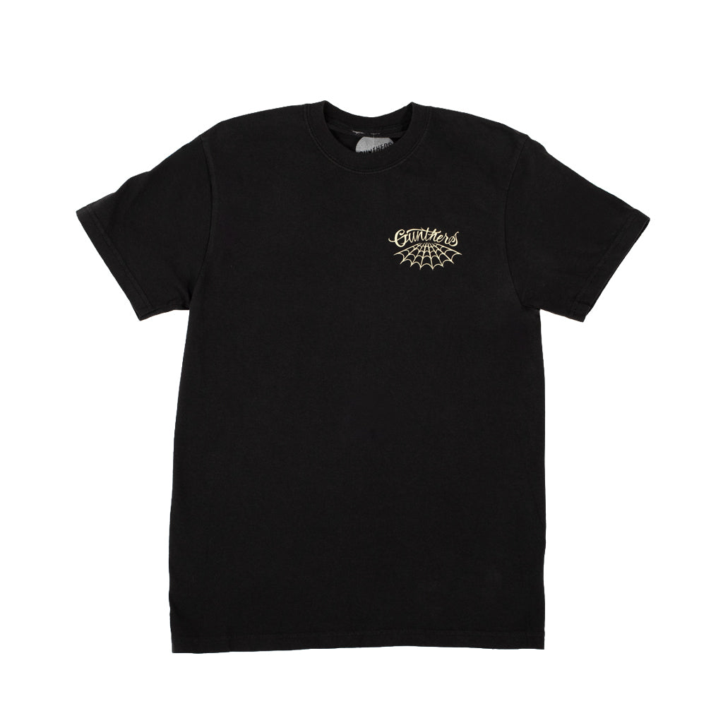 Black t-shirt with a logo on the chest against a white background