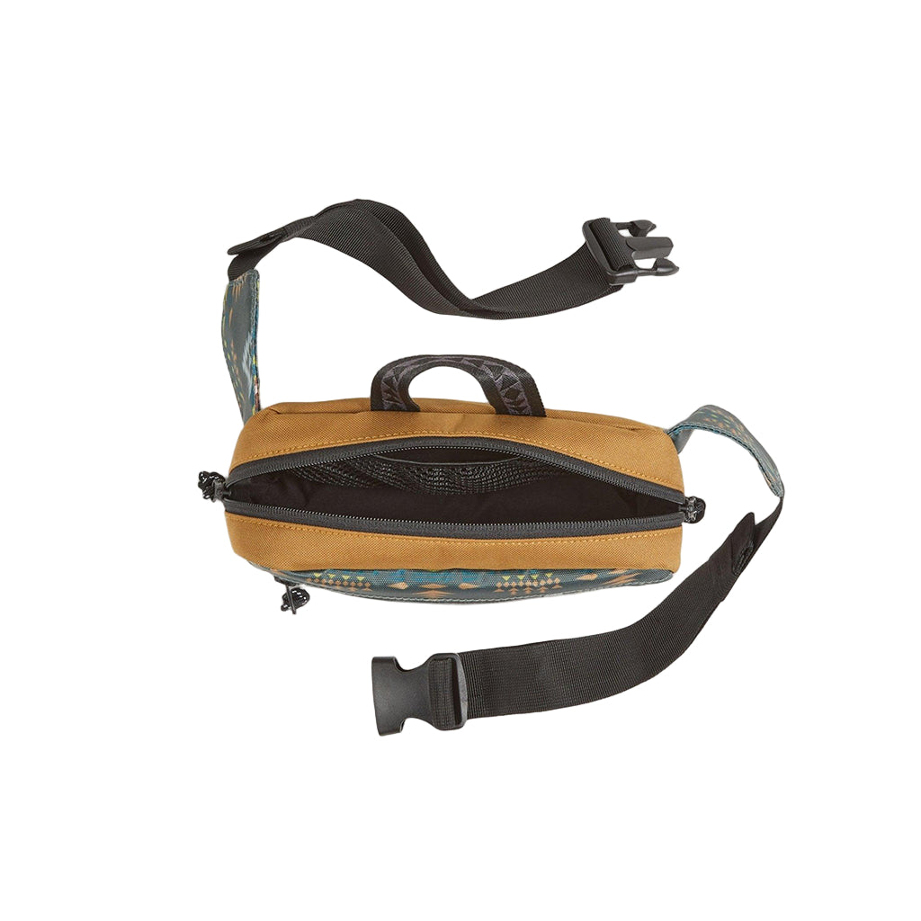 Multicolored waist bag with floral pattern and black straps on a light beige background