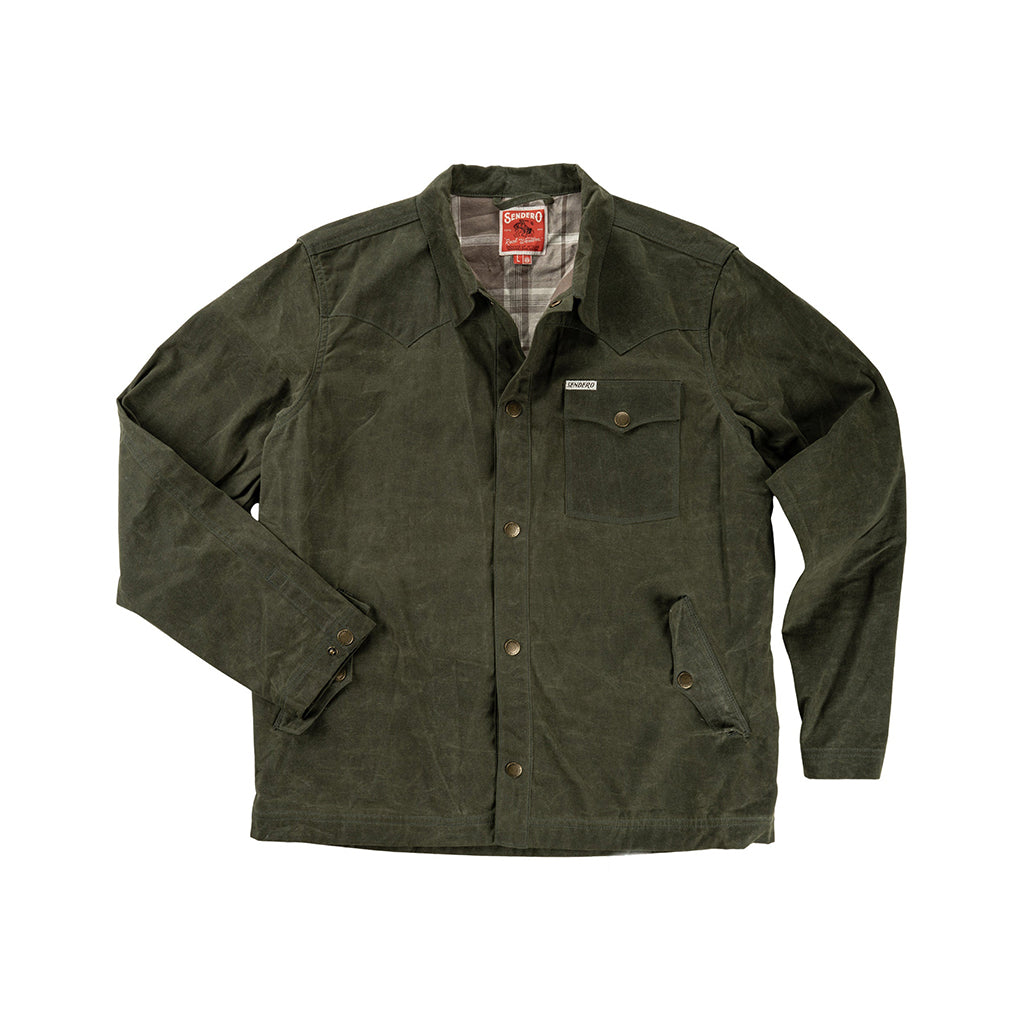 Green jacket with a brand label on a white background