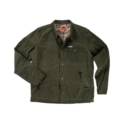 Green jacket with a brand label on a white background