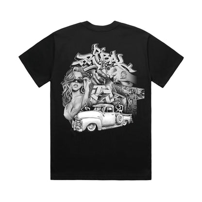 Black t-shirt with graphic design featuring a woman, truck, and text on a white background