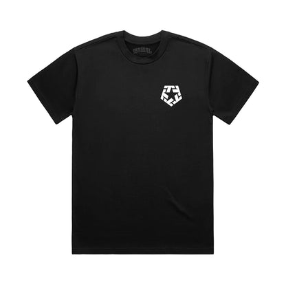Black t-shirt with a white geometric logo on a white background
