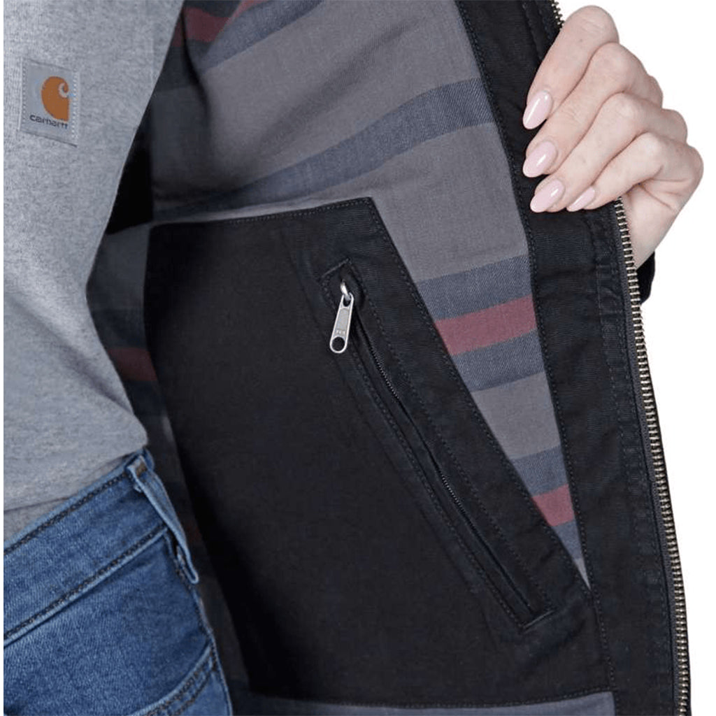 Close-up of a person wearing a jacket with a Carhartt logo, focusing on the zipper and pocket area.