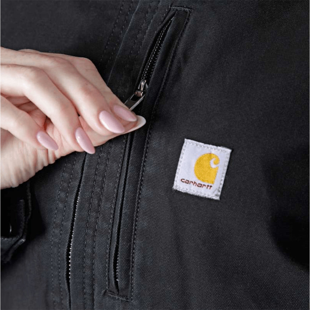 Close-up of a black jacket with a Carhartt logo on a dark background