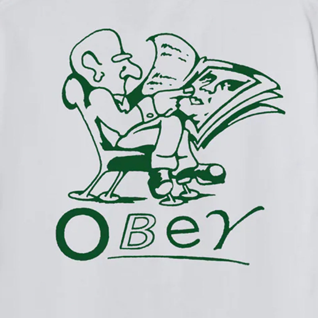Green graphic of a man reading a newspaper to another man, with 'OBEY' logo below on white background