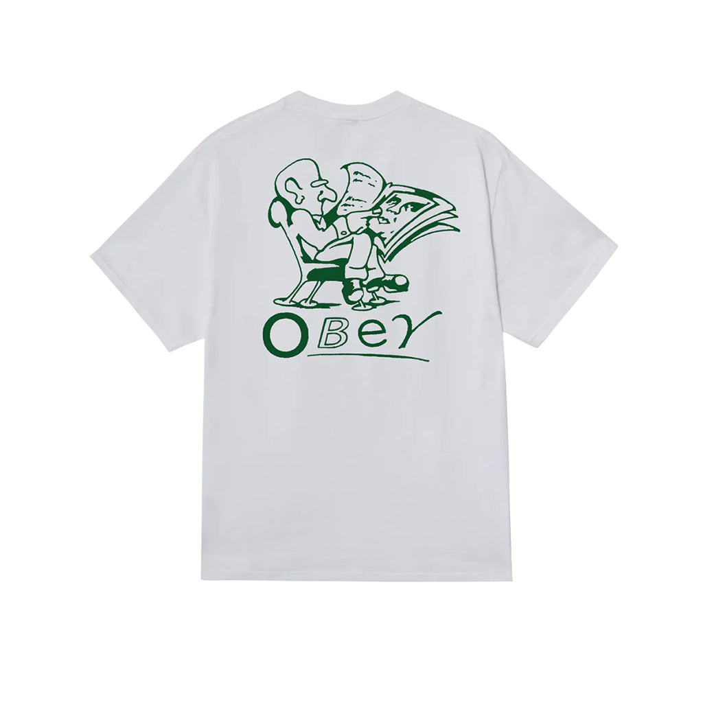 White t-shirt with green graphic design and 'Obey' logo on a white background