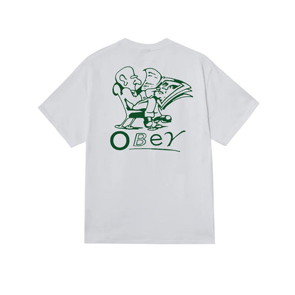 White t-shirt with green graphic design and 'Obey' logo on a white background