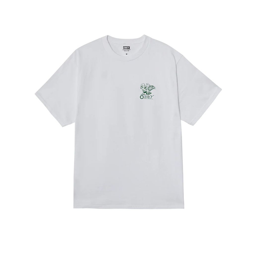 White t-shirt with a small green logo on a white background