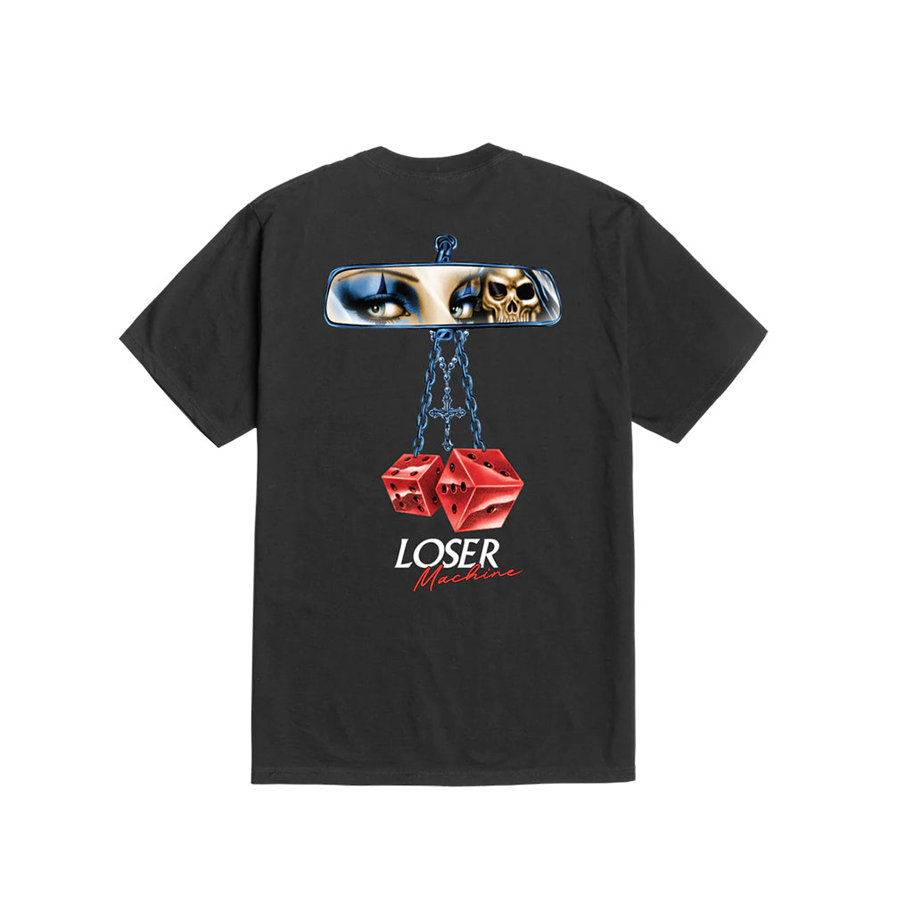 Black t-shirt with graphic design on the back featuring a skull, eyes, and text.