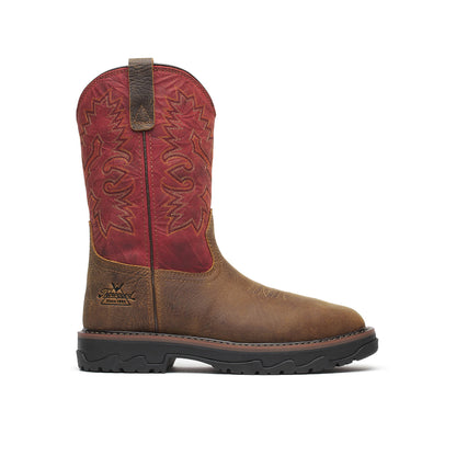 Brown and red cowboy boot on a white background