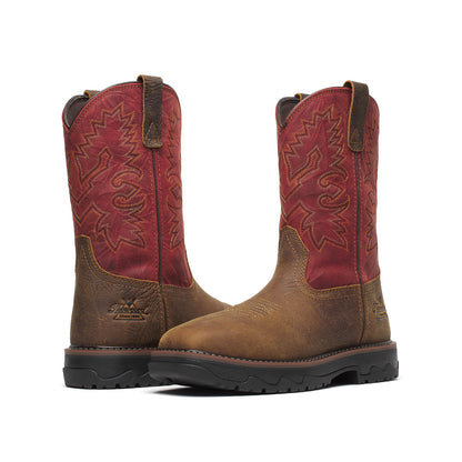 Pair of brown and red cowboy boots on a white background