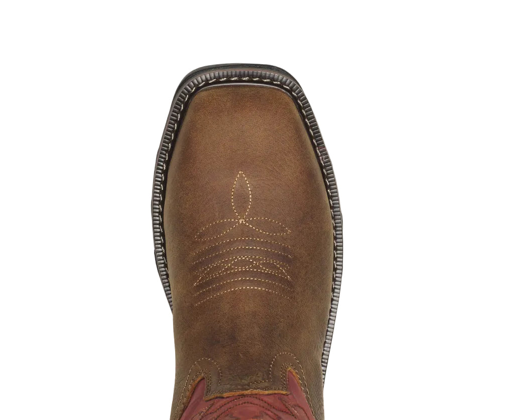 Brown leather boot with stitching detail on a white background