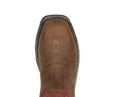 Brown leather boot with stitching detail on a white background