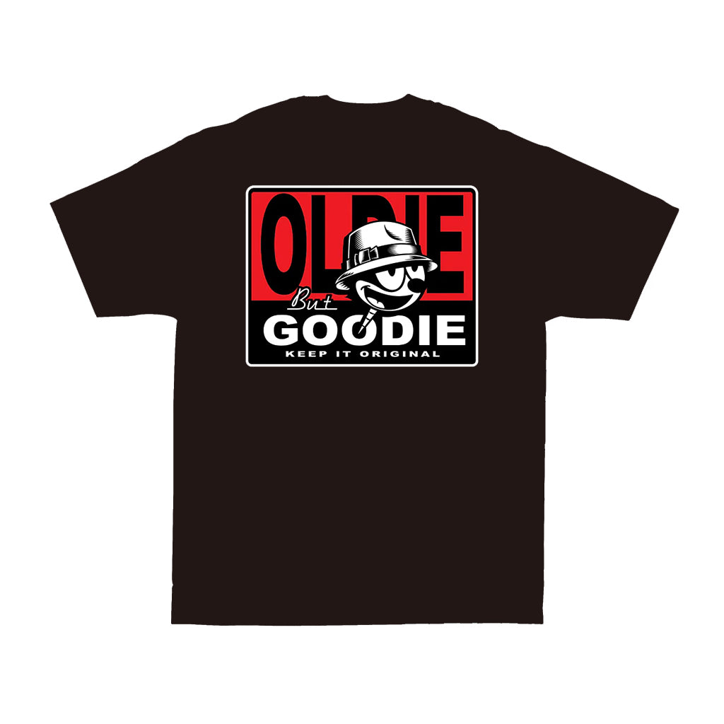 Black t-shirt with a graphic design on the chest featuring text and a logo.