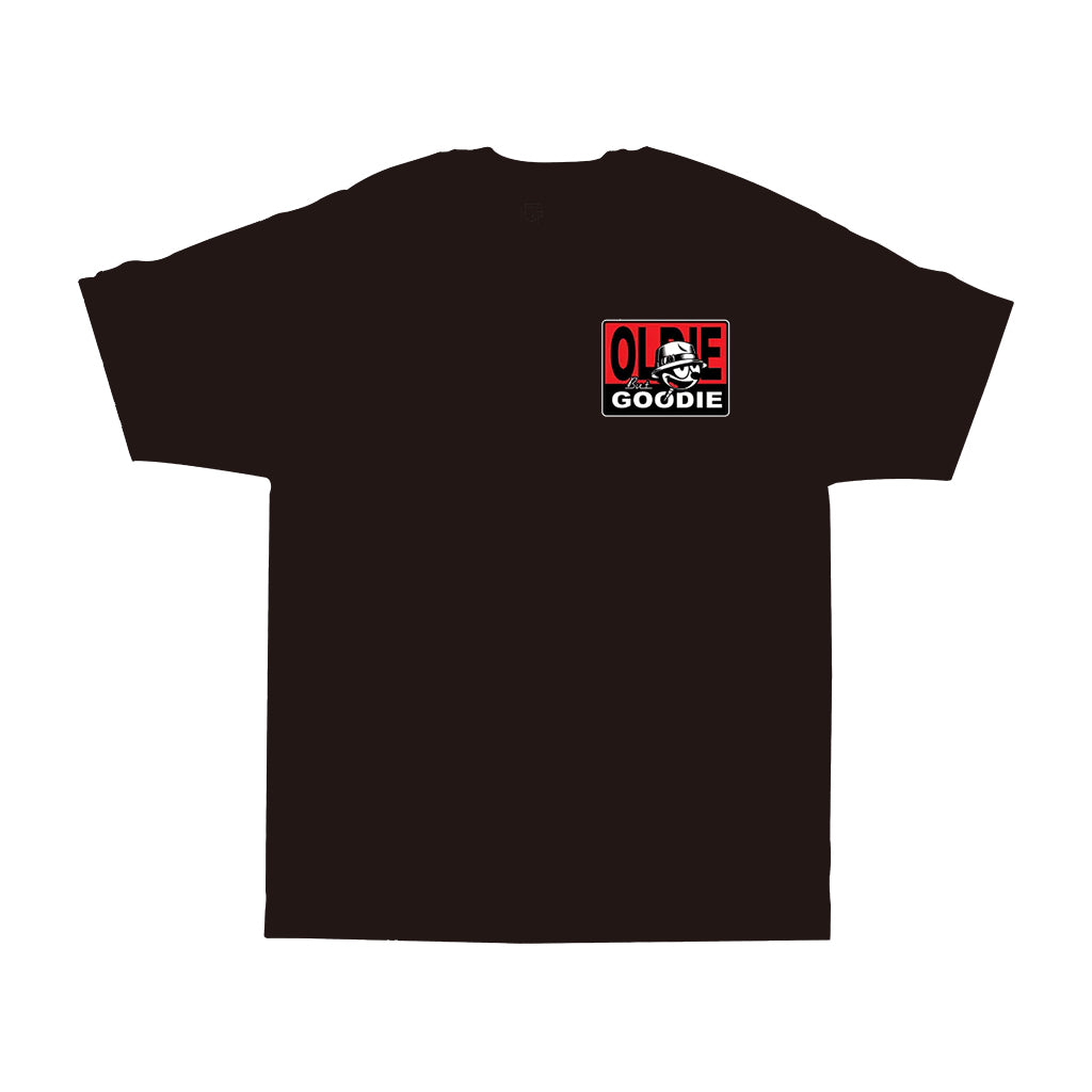 Black t-shirt with a logo on the back on a white background