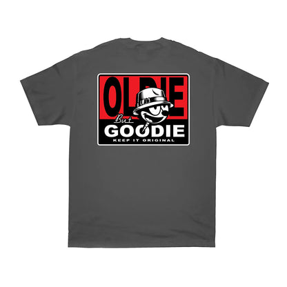 Gray t-shirt with a logo and text on the back against a white background
