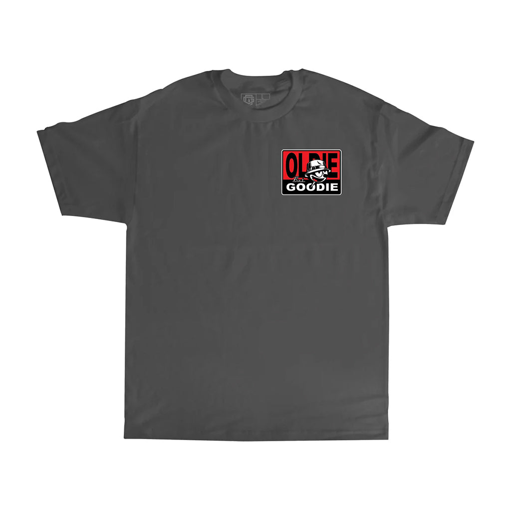 Gray t-shirt with a logo on the chest against a white background