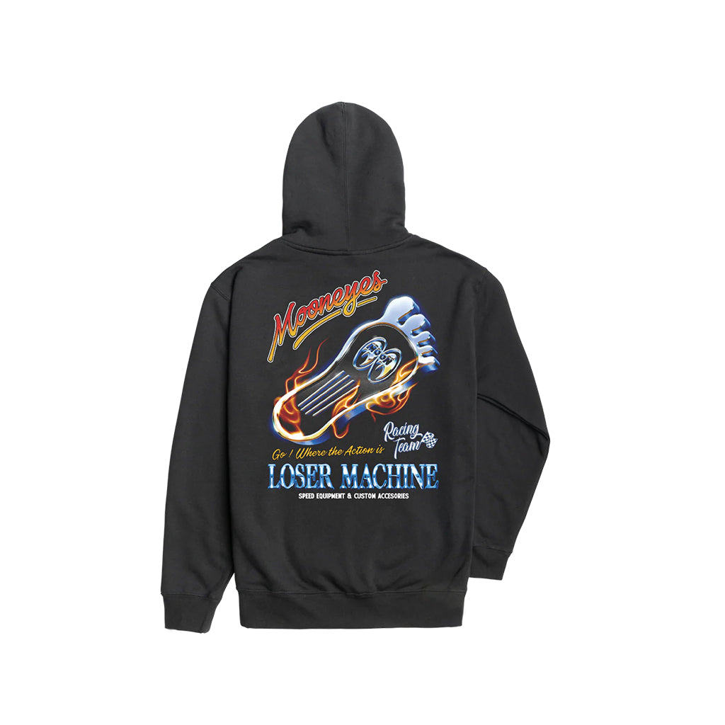 Black hoodie with colorful graphic design on the back on a white background