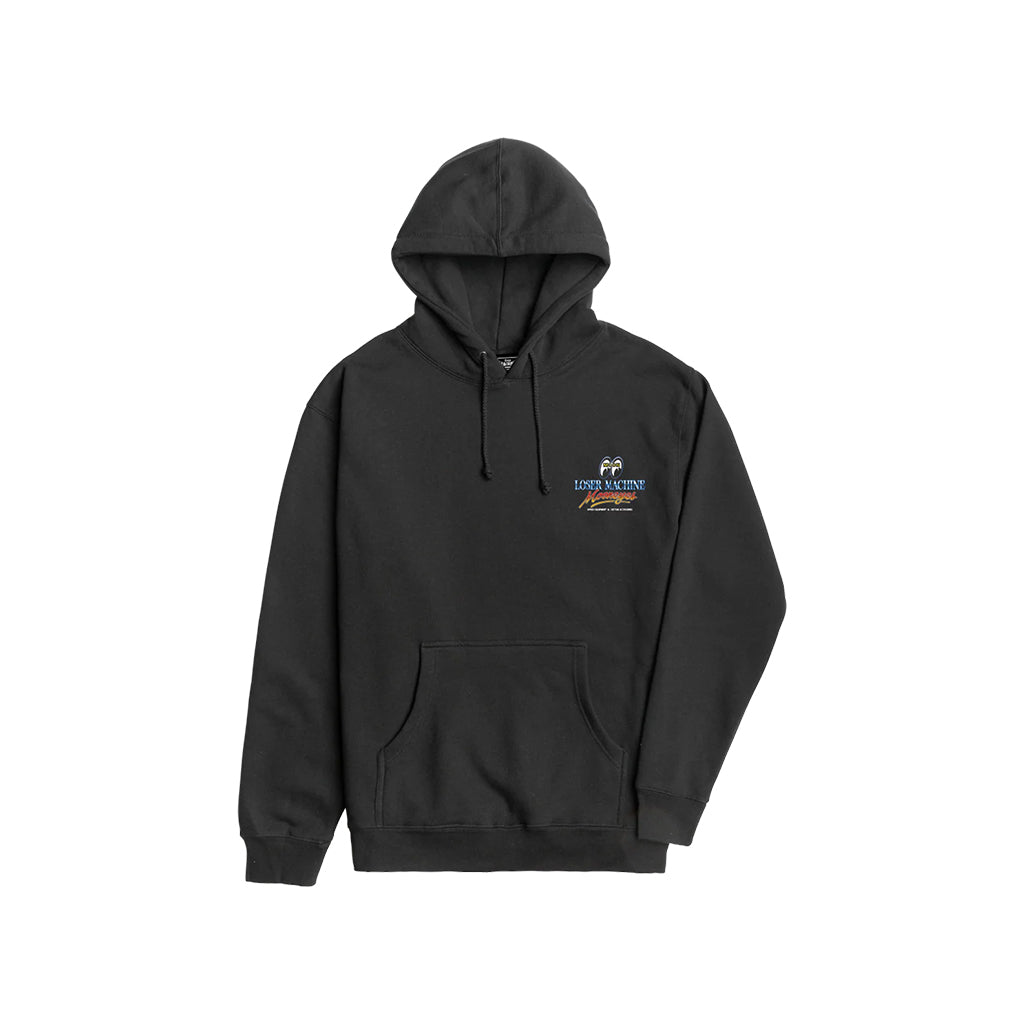 Black hoodie with a logo on the chest against a white background