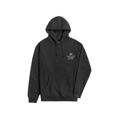 Black hoodie with a logo on the chest against a white background