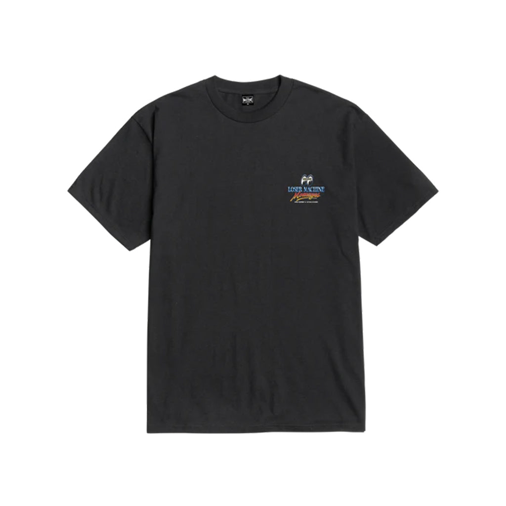 Black t-shirt with a small logo on a white background