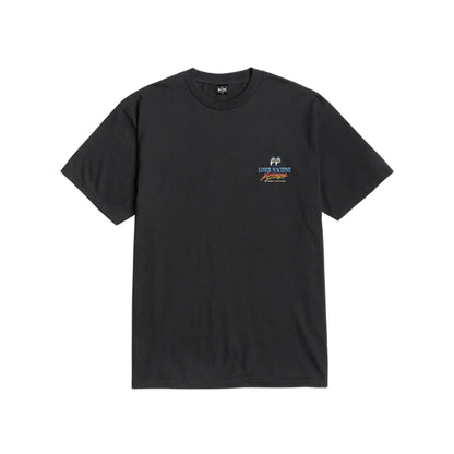 Black t-shirt with a small logo on a white background