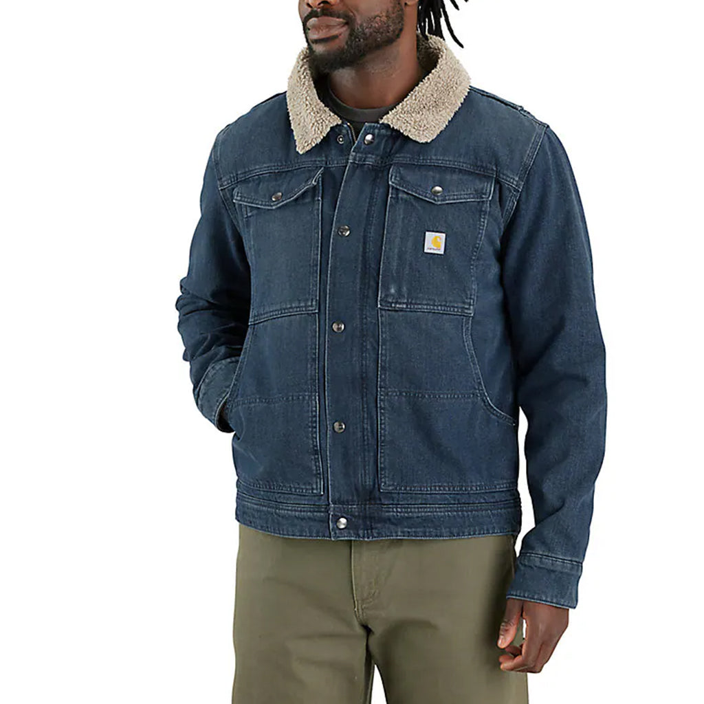 Man wearing a blue denim jacket with a white background