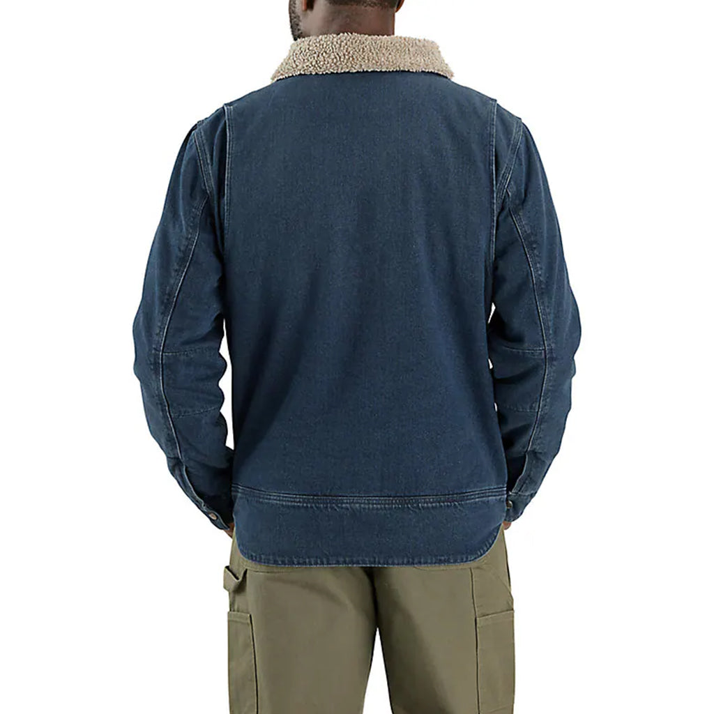 Person wearing a blue jacket with a beige collar on a white background