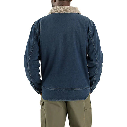Person wearing a blue jacket with a beige collar on a white background