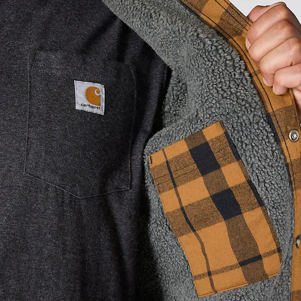 Close-up of a dark gray jacket with plaid lining and Carhartt logo.