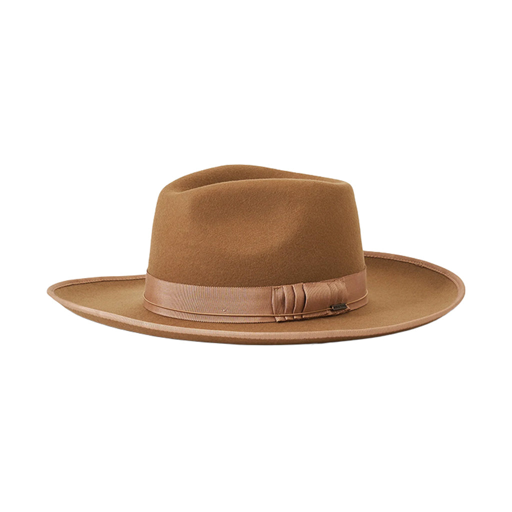 Brown fedora hat with a ribbon on a white background