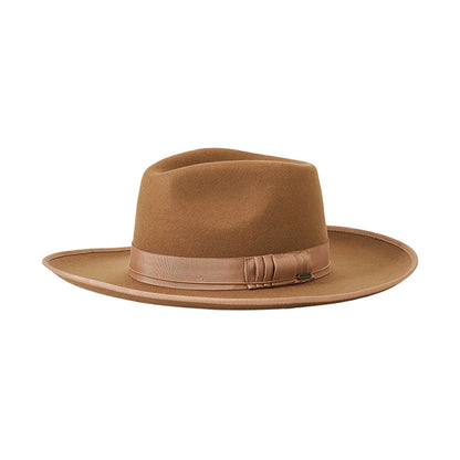 Brown fedora hat with a ribbon on a white background