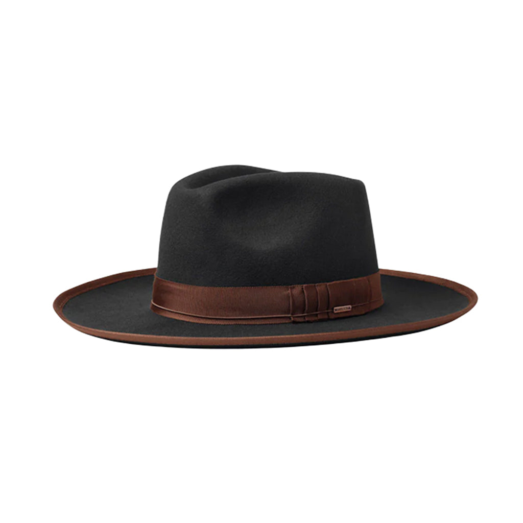 Black fedora with brown brand on a white background 