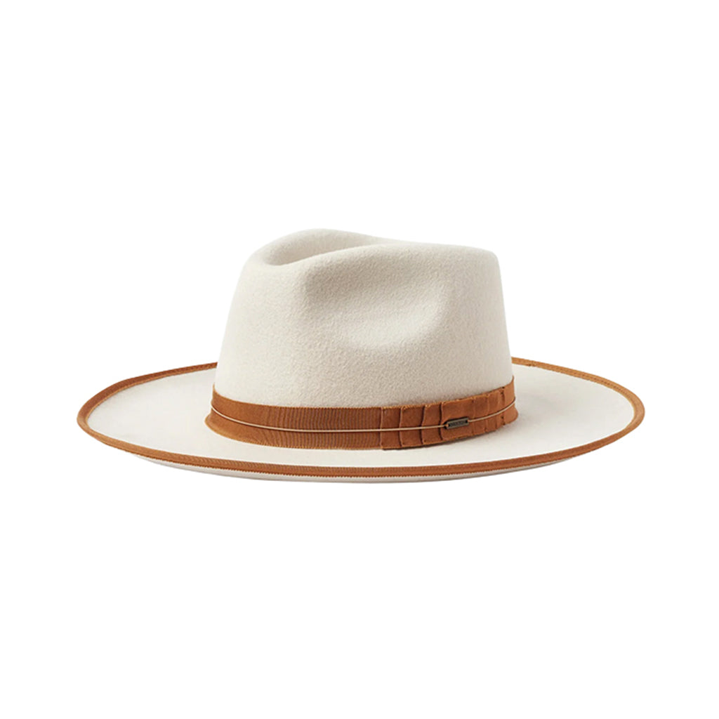 White fedora hat with a brown band on a white background