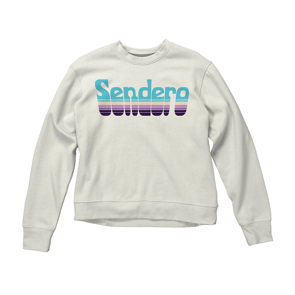 Beige sweatshirt with colorful 'Sendero' text on a white background