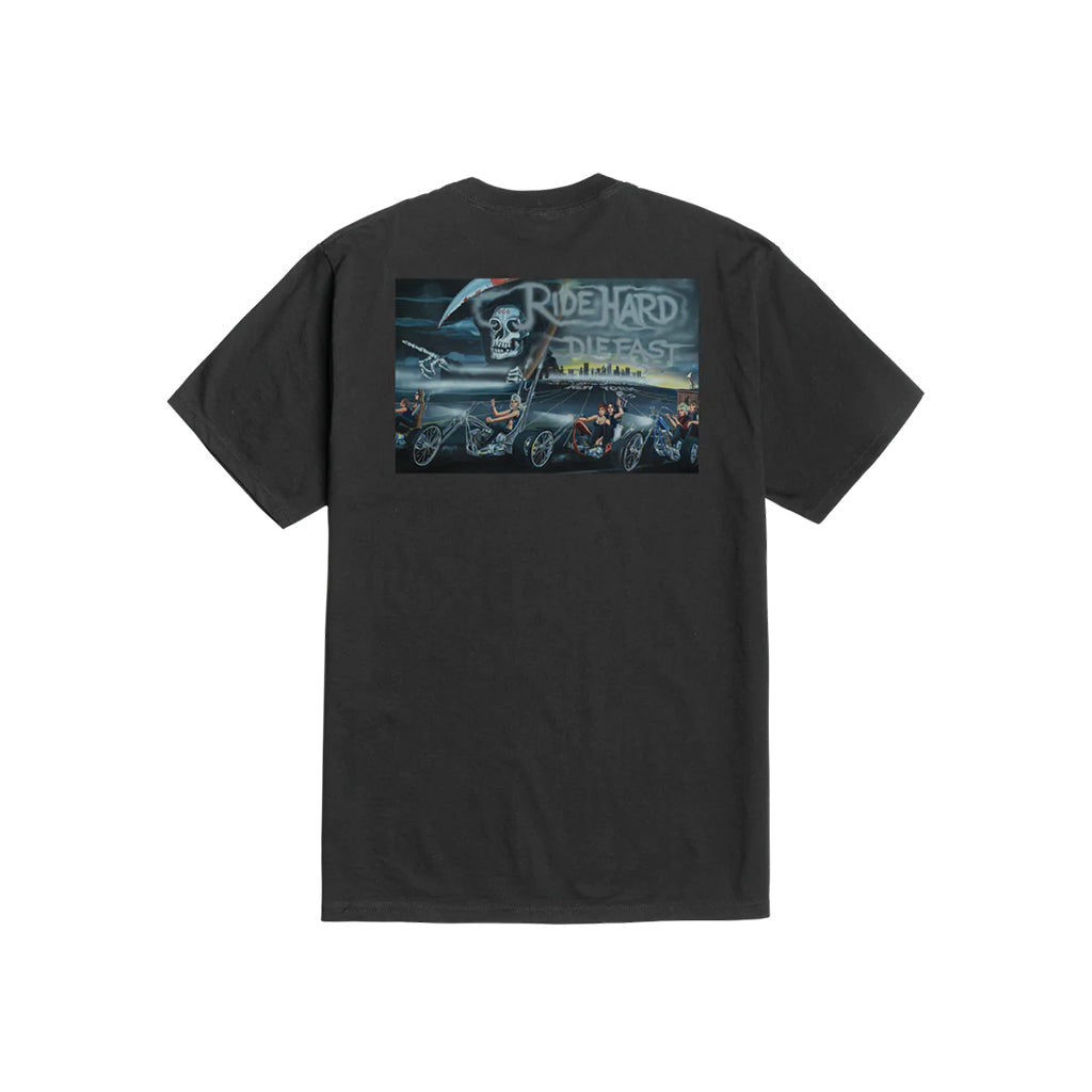Black t-shirt with graphic design on a white background